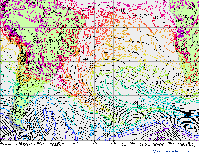 Theta-e 850hPa ECMWF Út 24.09.2024 00 UTC