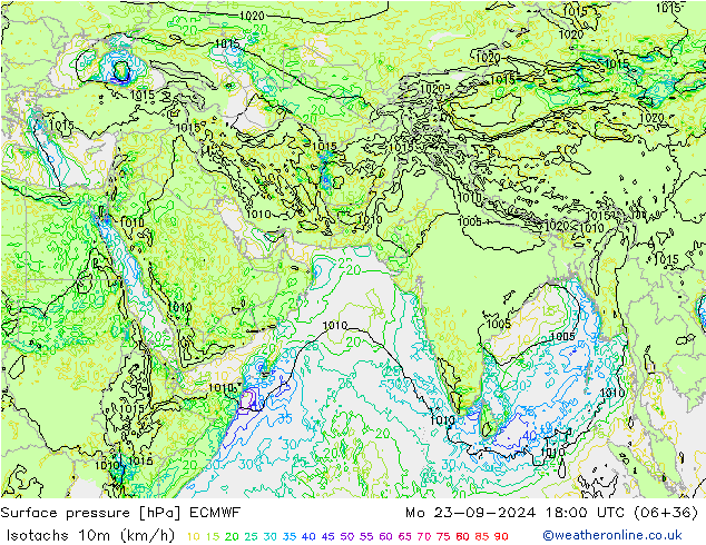 Isotachs (kph) ECMWF lun 23.09.2024 18 UTC