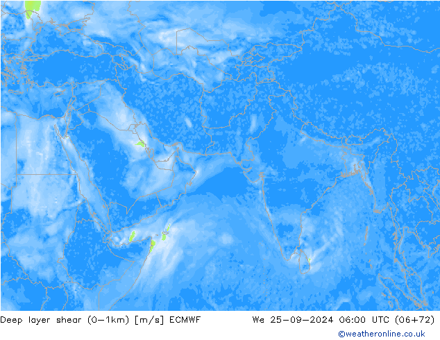 Deep layer shear (0-1km) ECMWF 星期三 25.09.2024 06 UTC