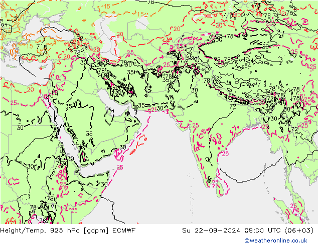 Height/Temp. 925 hPa ECMWF Ne 22.09.2024 09 UTC