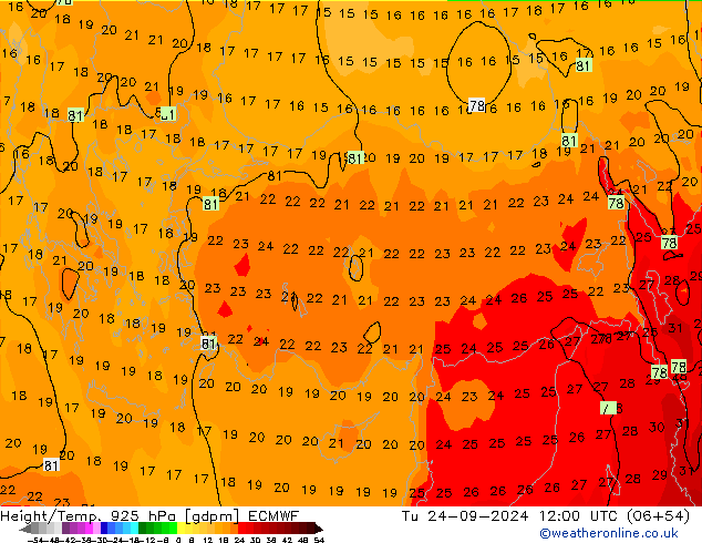 Height/Temp. 925 hPa ECMWF mar 24.09.2024 12 UTC