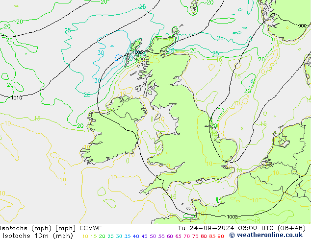 Isotachen (mph) ECMWF di 24.09.2024 06 UTC