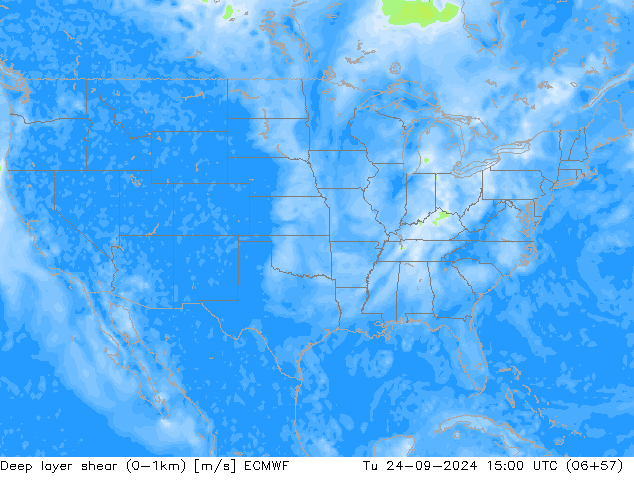 Deep layer shear (0-1km) ECMWF Tu 24.09.2024 15 UTC