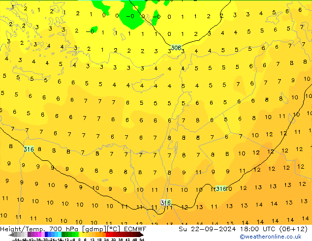 Height/Temp. 700 hPa ECMWF Dom 22.09.2024 18 UTC