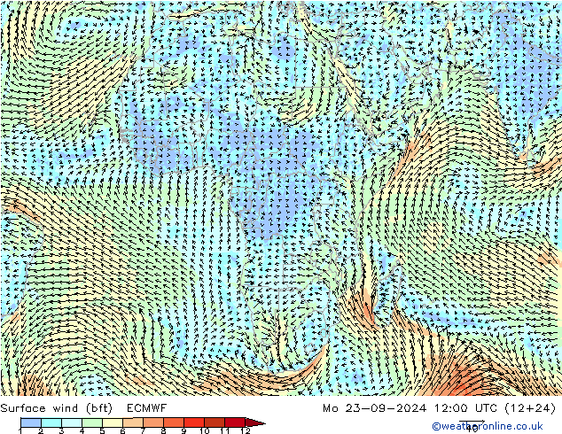 Surface wind (bft) ECMWF Mo 23.09.2024 12 UTC