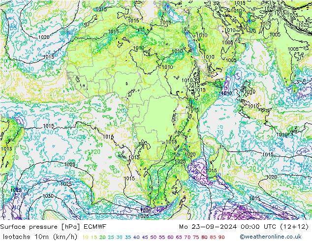 Eşrüzgar Hızları (km/sa) ECMWF Pzt 23.09.2024 00 UTC