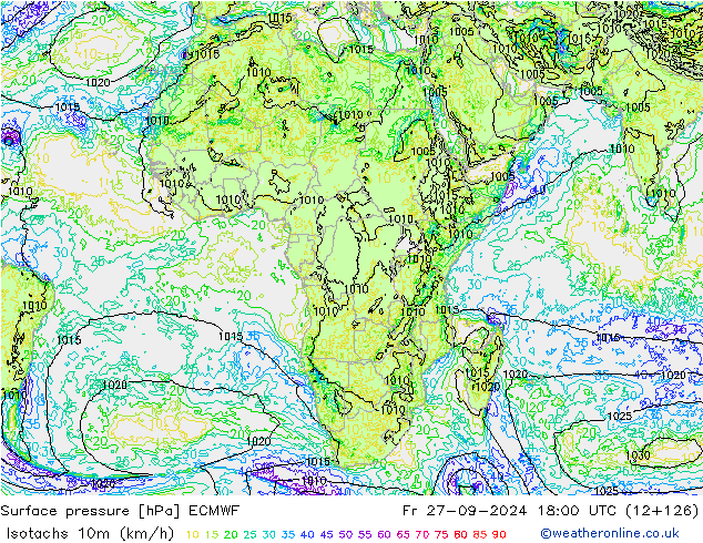 Isotachs (kph) ECMWF пт 27.09.2024 18 UTC