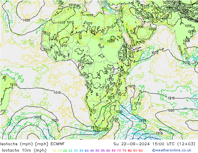 Isotachs (mph) ECMWF dom 22.09.2024 15 UTC