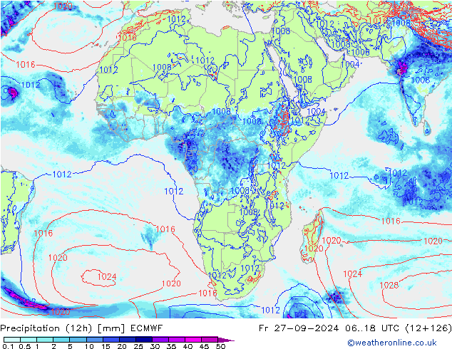 Totale neerslag (12h) ECMWF vr 27.09.2024 18 UTC