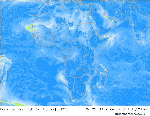 Deep layer shear (0-1km) ECMWF mié 25.09.2024 06 UTC