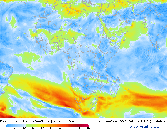 Deep layer shear (0-6km) ECMWF mer 25.09.2024 06 UTC