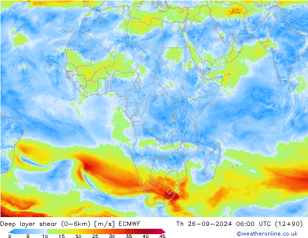 Deep layer shear (0-6km) ECMWF Th 26.09.2024 06 UTC