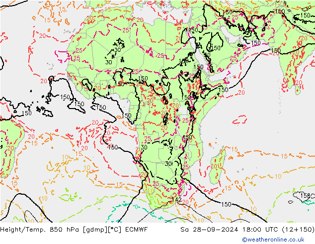 Géop./Temp. 850 hPa ECMWF sam 28.09.2024 18 UTC