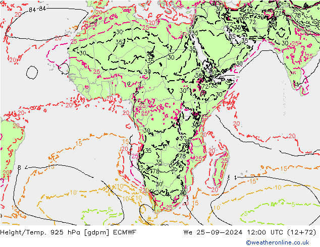 Height/Temp. 925 hPa ECMWF We 25.09.2024 12 UTC