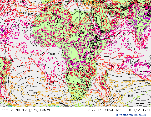 Theta-e 700hPa ECMWF Fr 27.09.2024 18 UTC