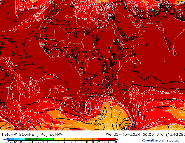 Theta-W 850hPa ECMWF mer 02.10.2024 00 UTC