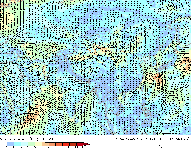 Rüzgar 10 m (bft) ECMWF Cu 27.09.2024 18 UTC