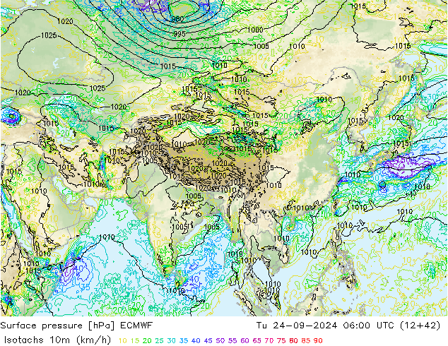 Eşrüzgar Hızları (km/sa) ECMWF Sa 24.09.2024 06 UTC