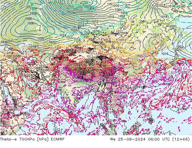 Theta-e 700hPa ECMWF Mi 25.09.2024 06 UTC