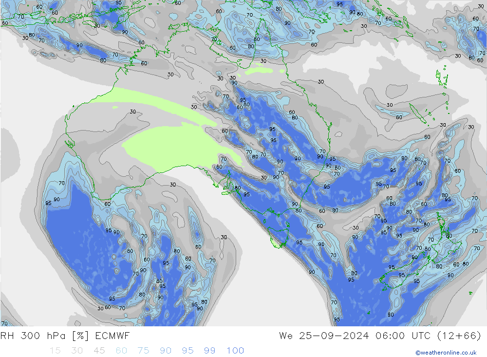 Humidité rel. 300 hPa ECMWF mer 25.09.2024 06 UTC