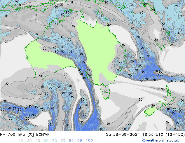 Humedad rel. 700hPa ECMWF sáb 28.09.2024 18 UTC