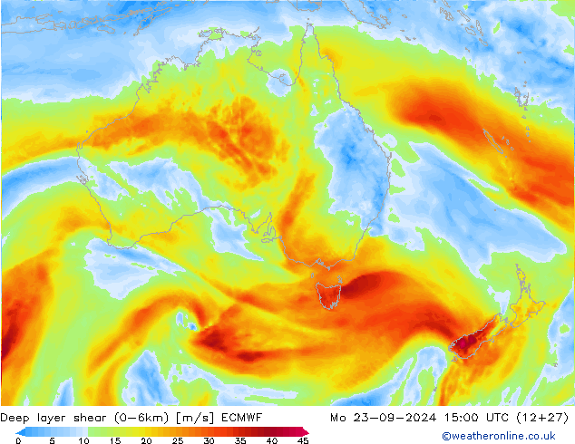 Deep layer shear (0-6km) ECMWF Seg 23.09.2024 15 UTC