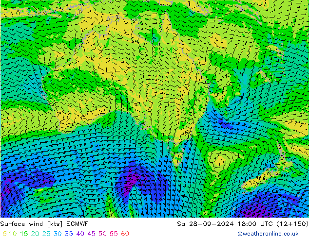 Rüzgar 10 m ECMWF Cts 28.09.2024 18 UTC