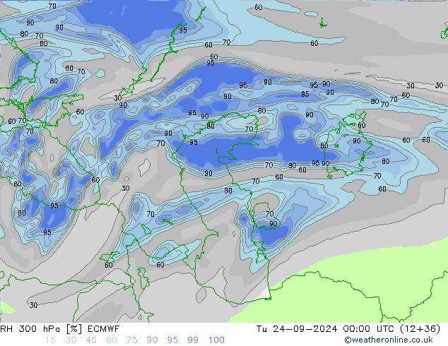 RH 300 hPa ECMWF Tu 24.09.2024 00 UTC