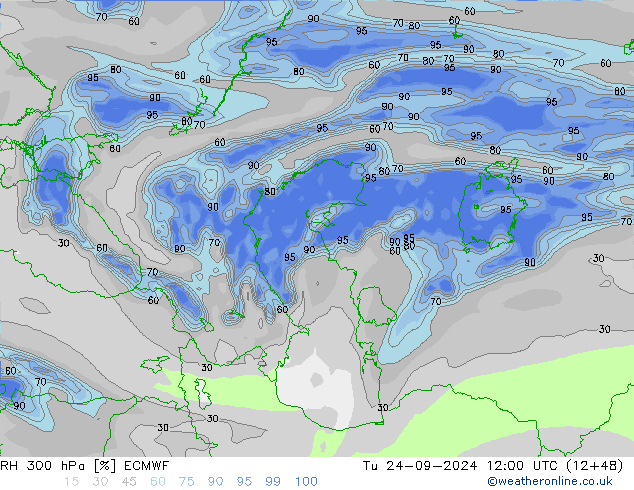 RH 300 hPa ECMWF Tu 24.09.2024 12 UTC