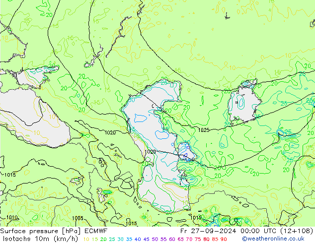 Isotachs (kph) ECMWF пт 27.09.2024 00 UTC