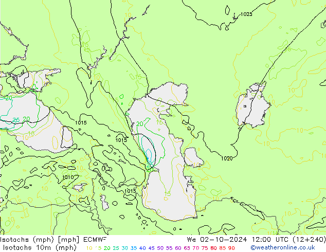 Isotachs (mph) ECMWF mer 02.10.2024 12 UTC