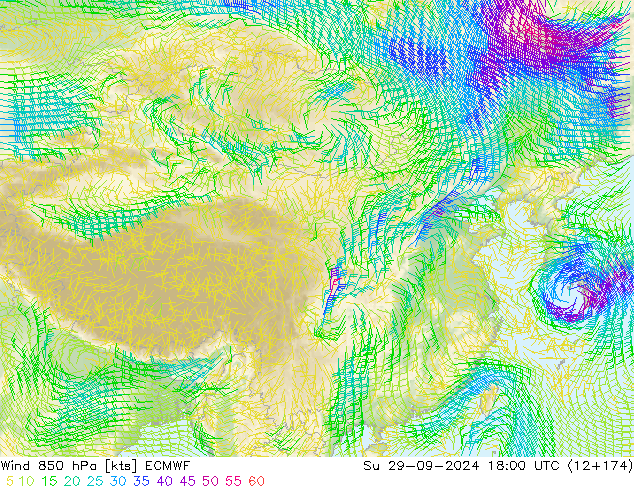 风 850 hPa ECMWF 星期日 29.09.2024 18 UTC