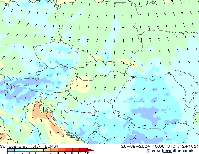 Vento 10 m (bft) ECMWF gio 26.09.2024 18 UTC