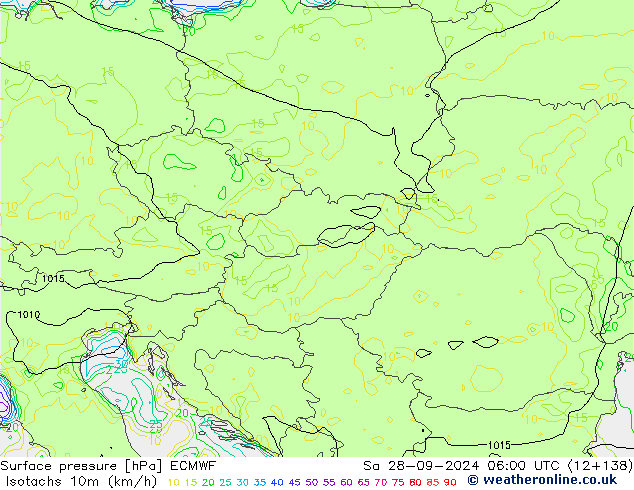 Isotachen (km/h) ECMWF za 28.09.2024 06 UTC