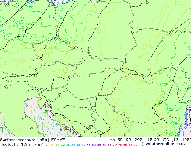 Isotachen (km/h) ECMWF Mo 30.09.2024 18 UTC