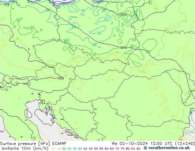 Isotachs (kph) ECMWF We 02.10.2024 12 UTC