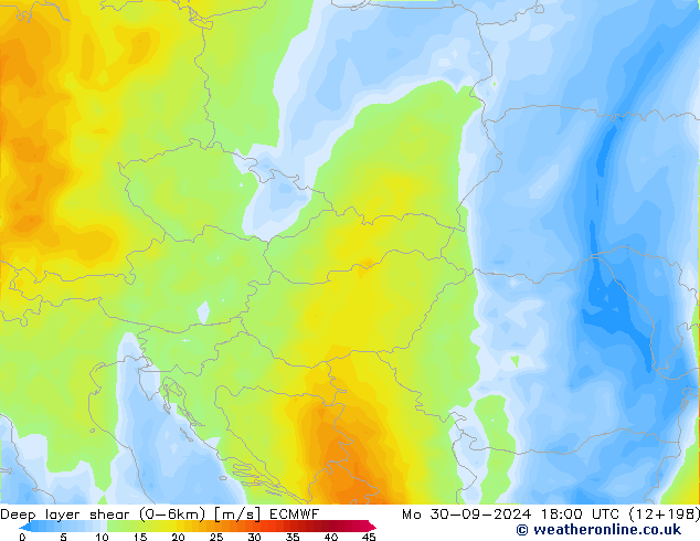 Deep layer shear (0-6km) ECMWF Mo 30.09.2024 18 UTC