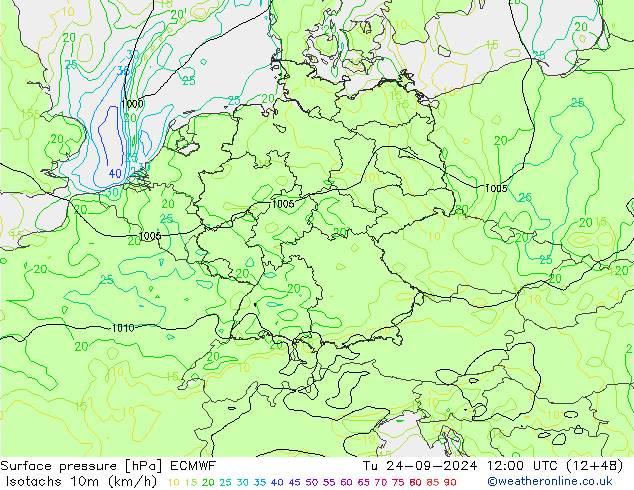 Isotachs (kph) ECMWF Tu 24.09.2024 12 UTC