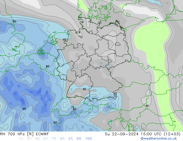 RH 700 hPa ECMWF Su 22.09.2024 15 UTC