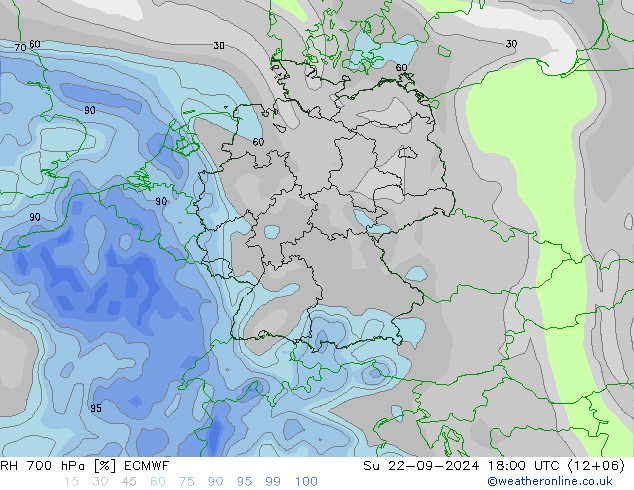 RH 700 hPa ECMWF Su 22.09.2024 18 UTC