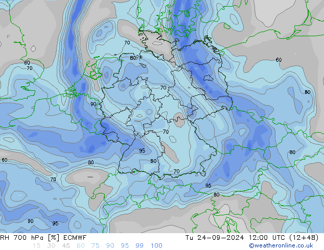 RH 700 hPa ECMWF Út 24.09.2024 12 UTC