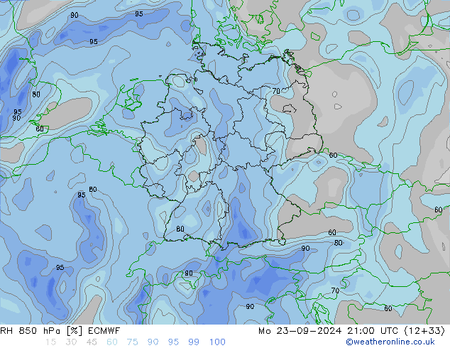 RH 850 hPa ECMWF Mo 23.09.2024 21 UTC