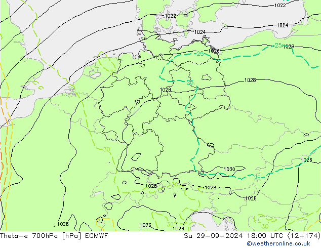 Theta-e 700hPa ECMWF zo 29.09.2024 18 UTC