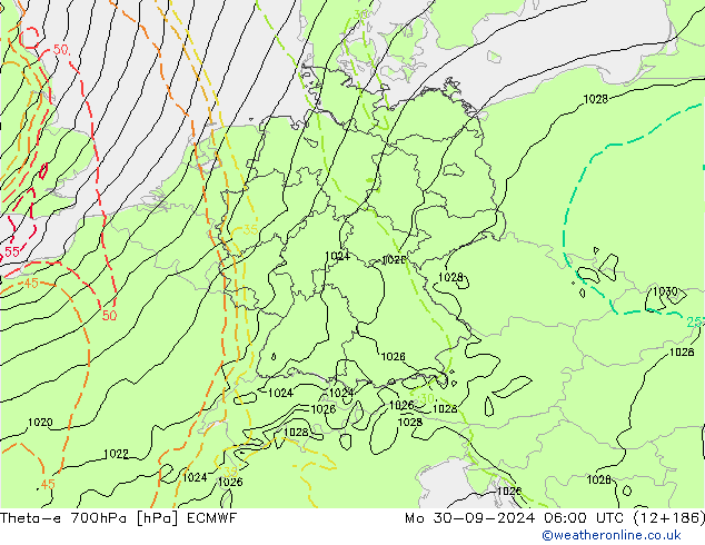 Theta-e 700hPa ECMWF Mo 30.09.2024 06 UTC