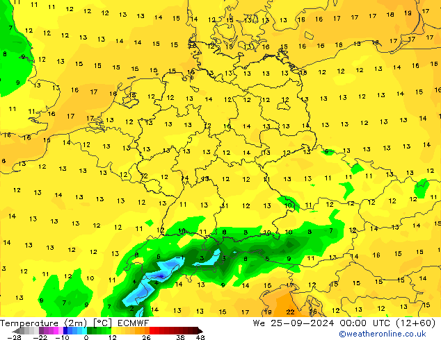 Temperatura (2m) ECMWF mer 25.09.2024 00 UTC