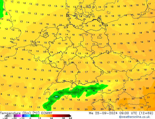 Temperatura (2m) ECMWF mer 25.09.2024 09 UTC