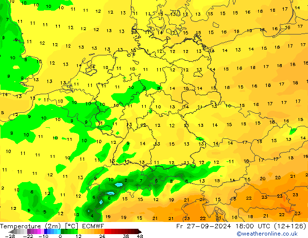 Temperature (2m) ECMWF Pá 27.09.2024 18 UTC