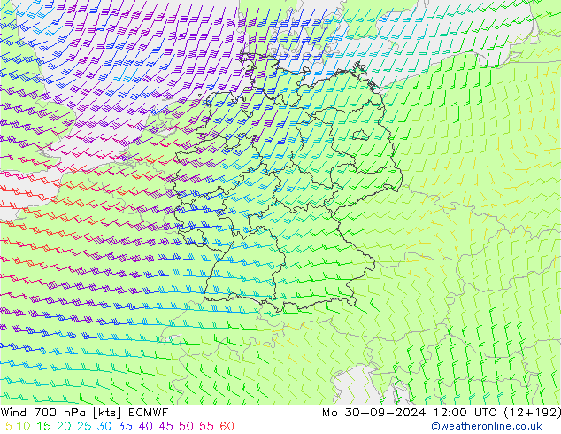 Wind 700 hPa ECMWF Mo 30.09.2024 12 UTC