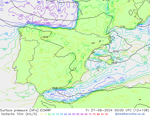 Isotachs (kph) ECMWF Sex 27.09.2024 00 UTC