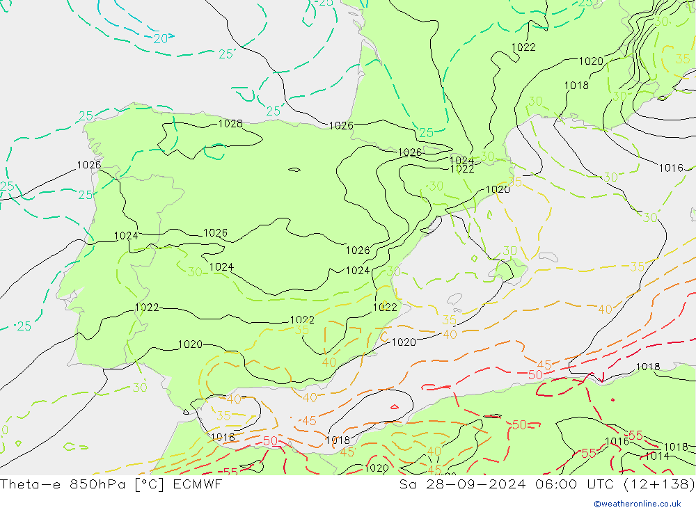 Theta-e 850hPa ECMWF Sa 28.09.2024 06 UTC